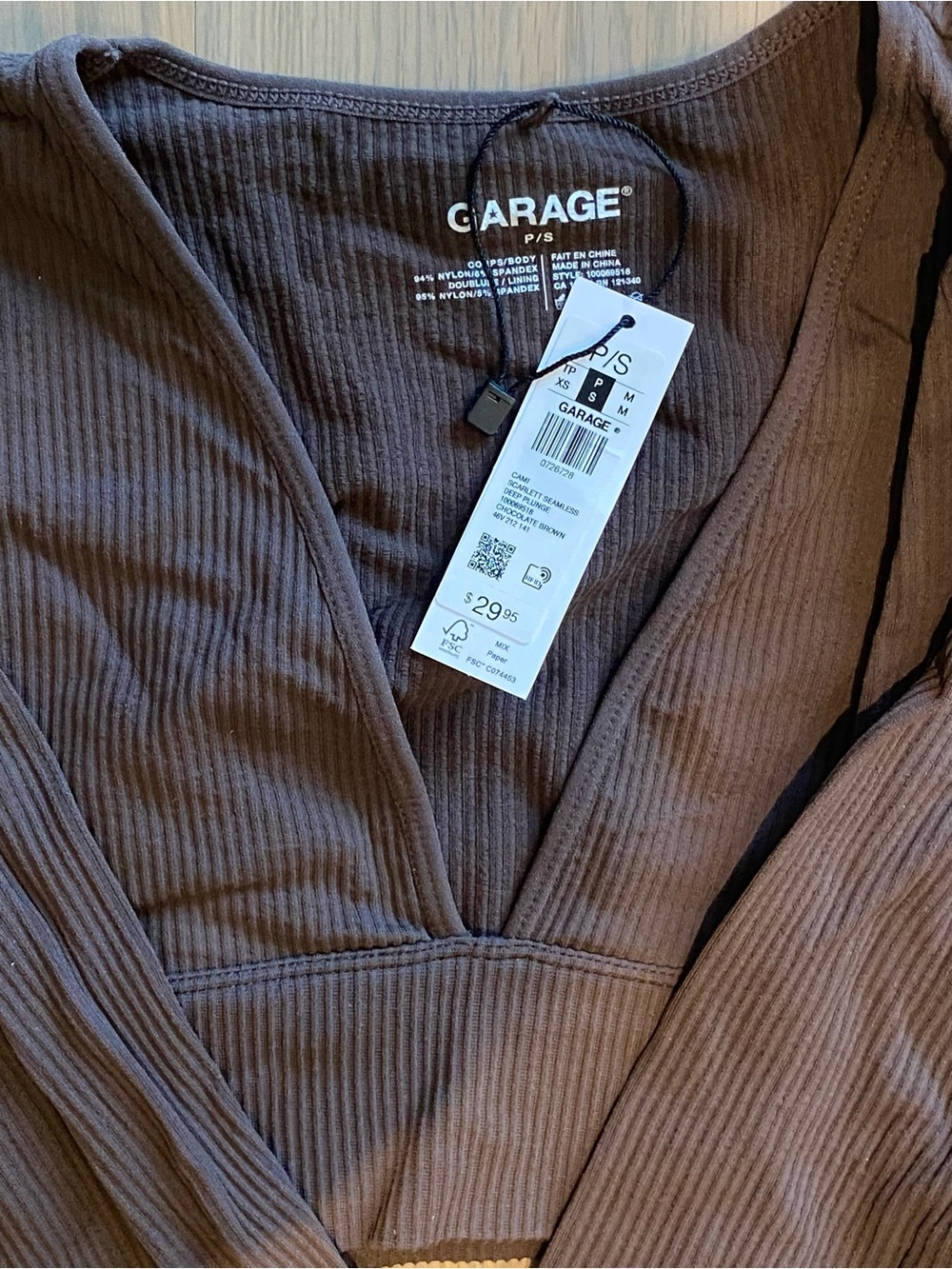 Garage Ribbed V-Neck Top in Chocolate